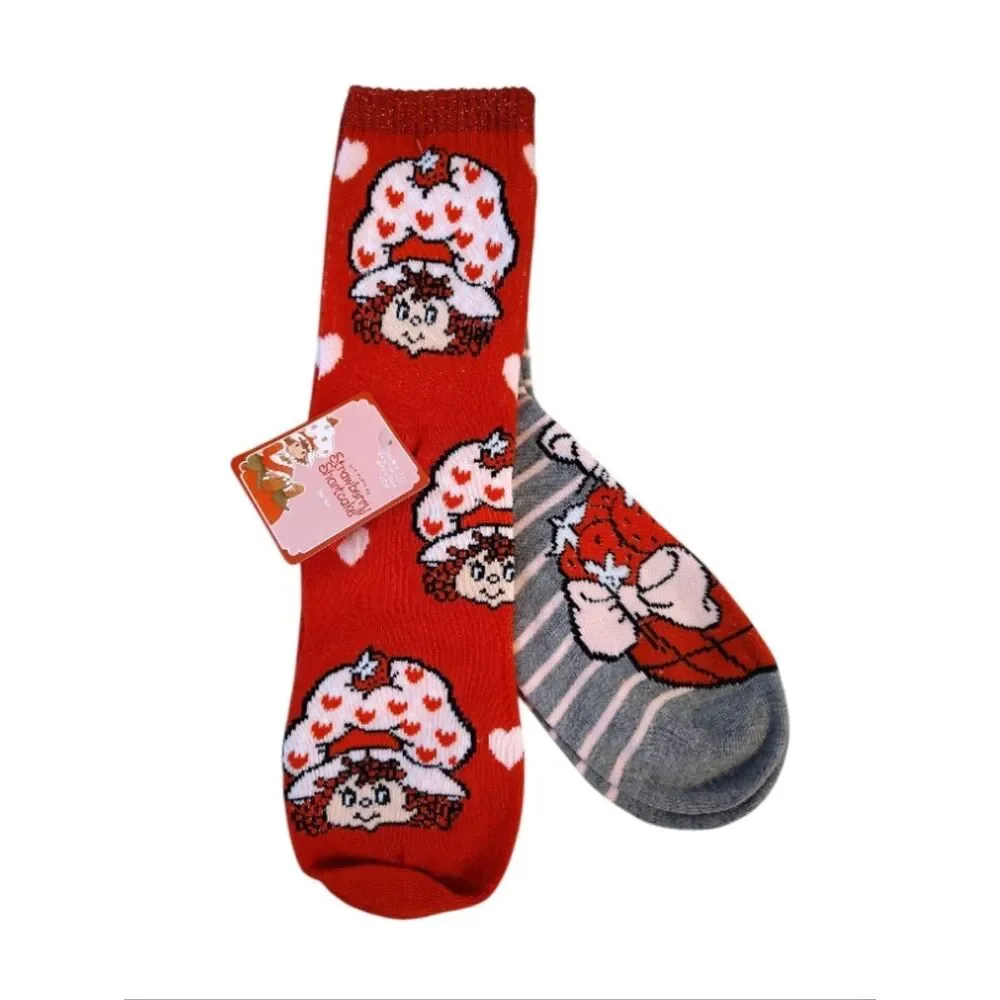 Strawberry Shortcake 2 Pairs‎ Red & Gray Printed Crew Socks NWT